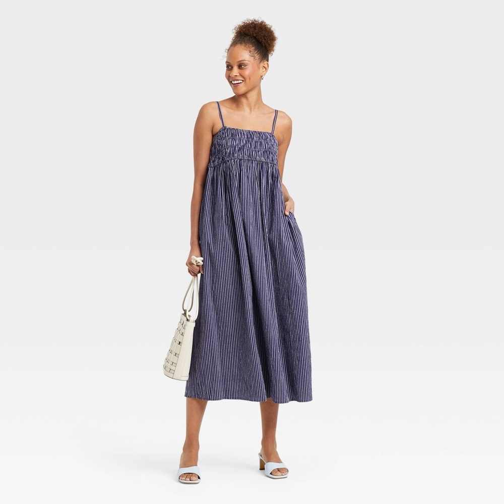 A New Day Spaghetti Strap Smocked Navy Blue Stripe‎ Dress
